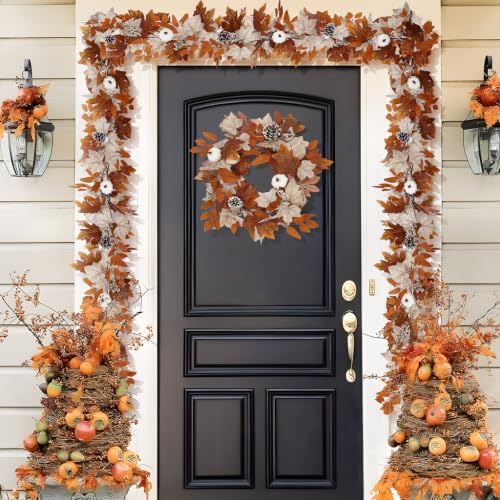 9 Ft Fall Garland with Lights & Timer, Thanksgiving Fireplace Mantel Decor