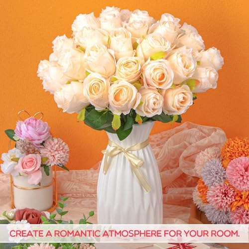 Jexine 100 Pcs Artificial Roses Flowers Bulk, Beige