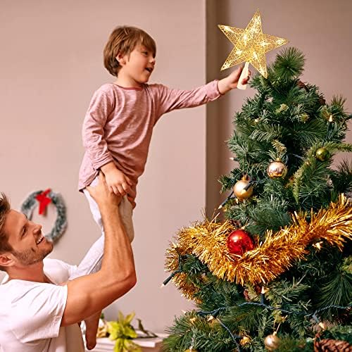 Brizled Gold Christmas Tree Topper, 9“ Hollow-Out Xmas Star with 10 Lights