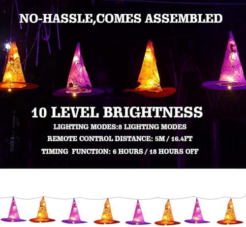 FUNPENY 2 Pack Halloween Decoration Lights, 8 PCS Waterproof Hanging Witch Hat with String Lights with Remote, Hanging Halloween Decorations for Indoor Outdoor Garden Yard Party Decor
