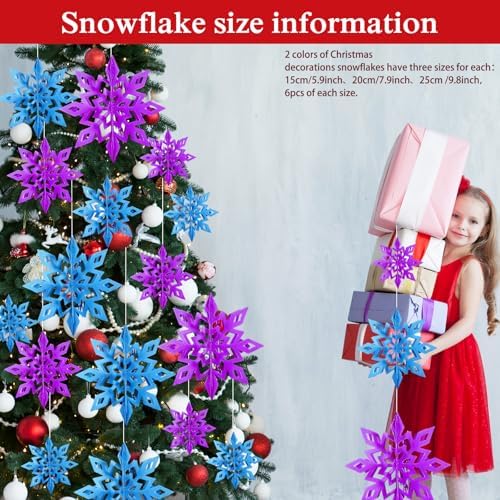 Whaline 18Pcs Christmas Hanging Decorations Purple Blue 3D Snowflake Paper Ornaments with String Large Snowflake Pendant Garlands for Xmas Winter Wonderland Party Home Ceiling