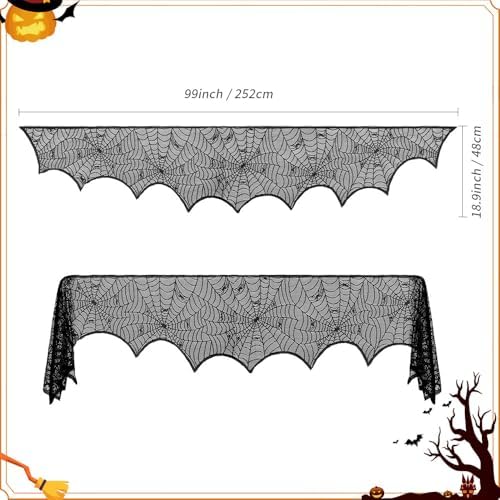Halloween Decorations Black Lace Spiderweb Fireplace Mantle Scarf Cover(19x99 Inch) Indoor Outdoor Spider Web Netting Spooky Haunted House Home Room Bedroom Table Wall Decor Party Favors Supplies