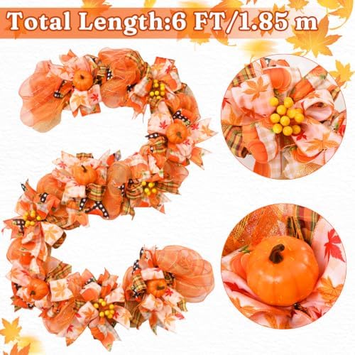 Waipfaru 6 FT Fall Garland for Mantel, Autumn Garland with Pumpkin Ribbon & Berries, Thanksgiving Vine for Table Centerpiece, Fall Party Decor for Fireplace & Modern Farmhouse