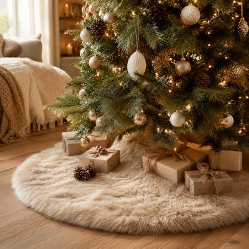 AISENO 60 Inch Christmas Tree Skirt - Beige Faux Fur Plush Holiday Decor for Xmas Tree, Festive Party, Home Decorations