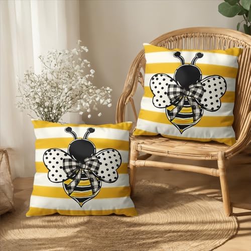 Summer Bee Pillow Covers 22x22 Set of 2 Yellow White Striped Bumblebee Pillow Cases Spring Honey Bee Holiday Decorative Cushion Case for Bed Couch Sofa