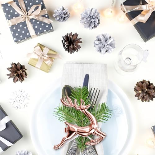 ZeeDix Christmas Rose Gold Reindeer Napkin Rings Set of 8 for Table Decor