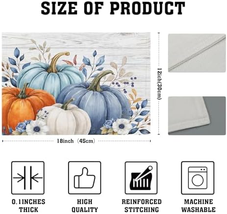 Thanksgiving Placemats Set of 4 18x12 Inch Fall Blue Pumpkin Linen Place Mats Heat-Resistant Washable Wipeable Autumn Leaf Floral Wood Grain Table Mat for Party Kitchen Dining Room Dinner Table Decor
