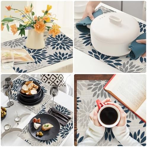 Niviy Dahlia Aqua Floral Pinnata Flower Placemats Set of 4, 12x18 Inch Washable Easy to Clean Heat-Resistant Anti-Skid Grey Placemats for Holiday Party Kitchen