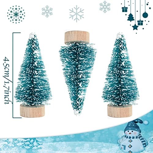 72 Pcs Mini Artificial Christmas Sisal Snow Trees with Wood Base, Blue-Green