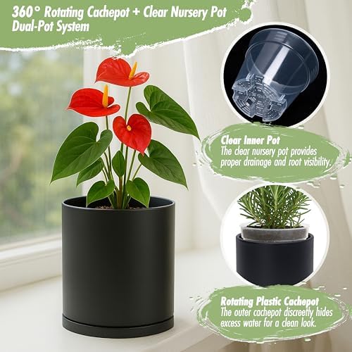 D'vine Dev Double-Layer Self-Draining Planter Set – Rotating Plastic Outer Pot with Clear Inner Liner for Root Health, Perfect for Indoor Plants, 6.5", Set of 2, Black, 73-V-B-2