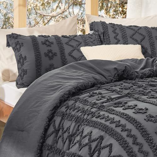 Bedsure Tufted Boho Comforter Set California King Size - Dark Grey Boho Bed Set, GentleSoft™ 3 Pieces Farmhouse-Style