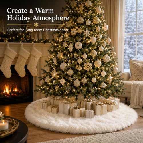 AOGU 36 Inch Faux Fur Christmas Tree Skirt White Plush Skirt for Merry Christmas Party Christmas Tree Decoration