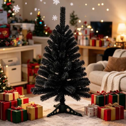 3FT Black Christmas Tree – Small Mini Xmas Artificial Trees for Home, Tabletop, Office, Apartment, Indoor Holiday Decorations, Easy-Assembly Metal Hinges & Foldable Base