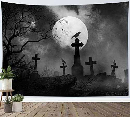 HVEST Halloween Tapestry Full Moon Black Crow Tombstone Dead Tree Tapestry for Bedroom, Scary Grey Cemetery Forest Wall Decor Blanket Home Holiday Living Room Decorations, 80W X 60H Inches