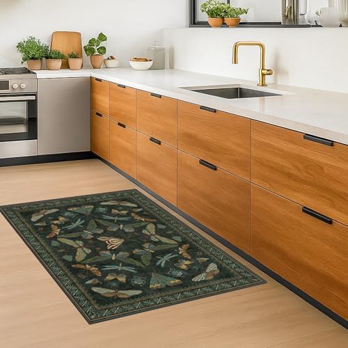 Washable 2x4 Rug Runner, Small Runners for Entryway Indoor, Kitchen, Bathroom, Dark Green Insect Boho Design, Non Slip