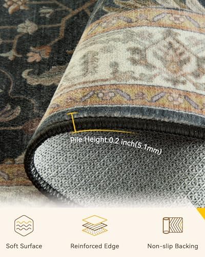 RELEANY Washable Area Rug, 3'x5', Black/Vintage/Beige