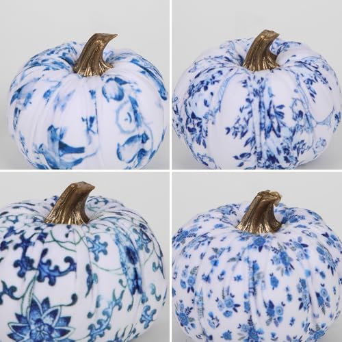 GnFlus Fake Pumpkin Decor 8 Pcs Faux Pumpkins Small Blue and White Velvet Pumpkins Mini Artificial Pumpkin Fall Decorations for Home Table Farmhouse Mantel Halloween Thanksgiving