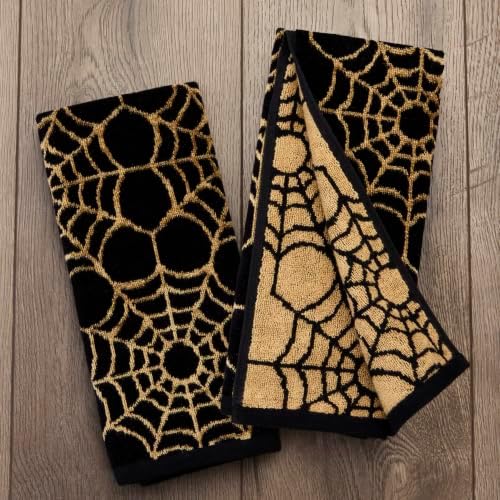 SKL Home Halloween Spider Web Hand Towel Set-2pc, 100% Cotton, Black/Gold