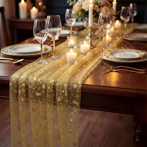 4 Pcs Gold Star Table Runner Sequin Tulle for Wedding Party