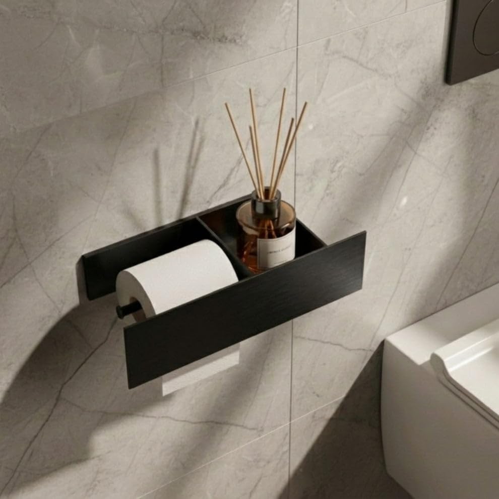 GRANDMIX Wall Mounted Toilet Paper Holder with Shelf – Modern Matte Black Metal Bathroom Tissue Roll Holder with