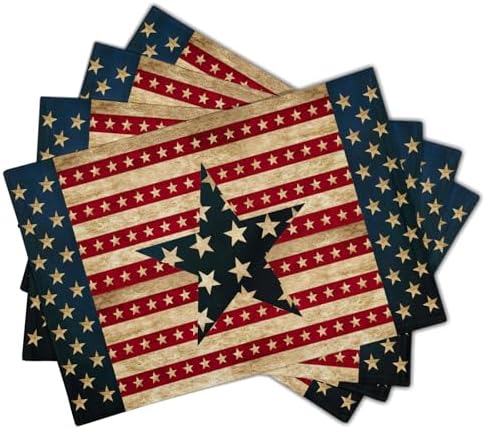 4th of July Placemats Set of 4 18x12 Inch Independence Day Patriotic American Flag Linen Place Mats Heat-Resistant Washable Wipeable Memorial Day Table Mat for Party Kitchen Dining Room Dinner Table