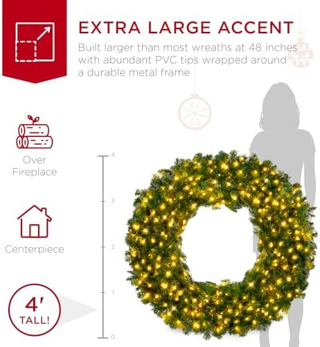 Best Choice Products 48in Large Artificial Pre-Lit Fir Christmas Wreath Holiday Accent Decoration w/ 200 LED Lights, 714 PVC Tips