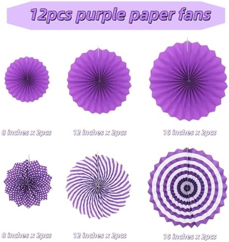 Purple Hanging Paper Fans, 12 Pieces Hanging Party Decorations Round Pattern Paper Garlands for Birthday, Wedding, Thanksgiving Day, Halloween Party