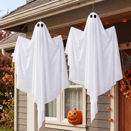 JOYIN 2 Pcs 47” Halloween Light up Hanging Ghost Decorations Outdoor, Cold White Flying Lighted Ghosts with Timer for Haunted House Prop, Front Yard Patio Party Decor Indoor Outside