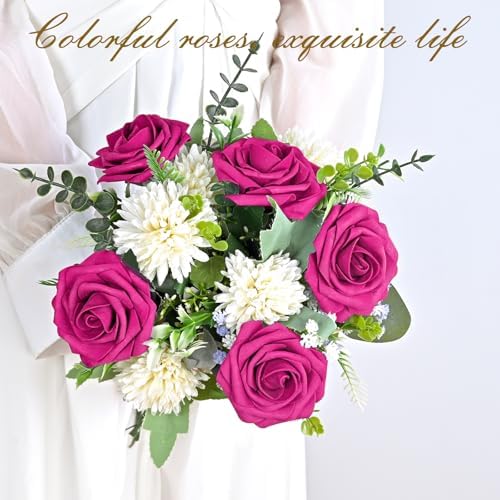 BLEUM CADE 36Pcs Artificial Flowers Fake Foam Roses with Stems for Wedding