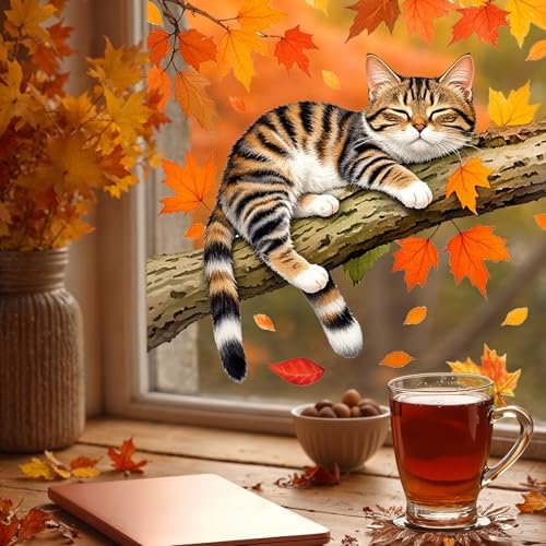 JarThenaAMCS 9 Sheets Hello Fall Window Clings Autumn Cat Maple Leaves Window Stickers Double-Sided Glass Decals for Thanksgiving Home Classroom Office Party Decoration