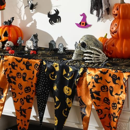 VitalCozy Halloween Fireplace Mantel Scarf Purple Orange Black,Bat