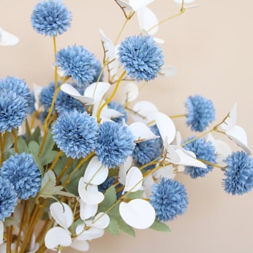 Faux Dusty Blue Flowers, Blue and White Floral Stems For Centerpieces, Fake Mums Artificial Flowers, Flores Azules