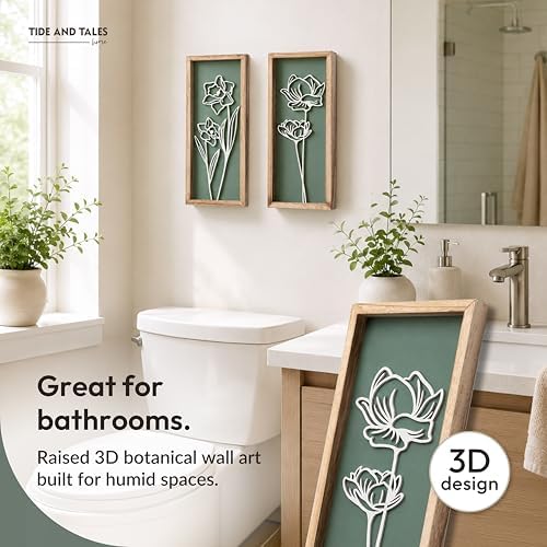 Tide and Tales Floral 3D Green Wall Art, Botanical Wall Decor, Set of 2