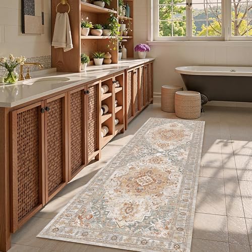 Washable Area Rug 2'6'' x 8' Vintage Traditional Persian Mat - Foldable Distressed Non-Slip Machine Washable Carpet for