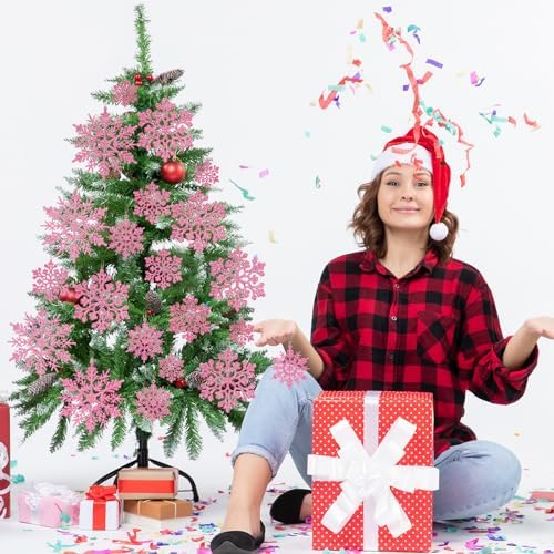 36pcs Christmas Light Pink Snowflake Ornaments Plastic Glitter Snow Flakes Ornaments for Winter Christmas Tree Decorations Size Varies Craft Snowflakes