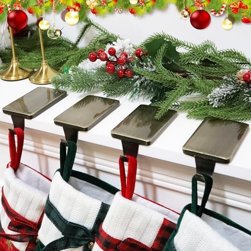 HMASYO Christmas Stocking Holders for Mantle Set of 4, Heavy Duty Cast Iron Stocking Hangers Base, Low Profile Weighted Stocking Holder Hooks for Fireplace Tabletop Shelf Christmas Decoration, Bronze