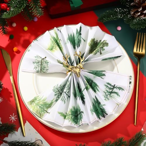 Maxdot 12 Pcs Christmas Cloth Napkins 19 x 19 Inch Happy Xmas Party Decoration Dinner Washable Fabric Napkins Gifts(Christmas Trees)