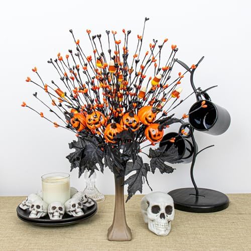 12 PCs Gothic Halloween Flowers Artificial Orange Black Stems Spooky Halloween Floral Picks with Candies Corn Smiling Pumpkins for Vase Floral Arrangements Table Centerpieces Decorations