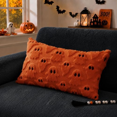 DFXSZ Halloween Pillow Covers 12x20 Orange Ghost Plush Halloween Decor095