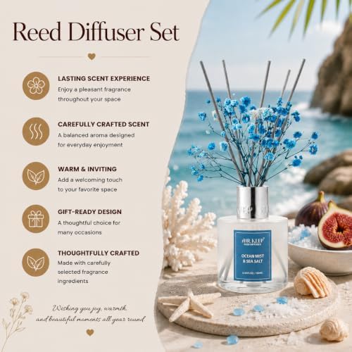 Airkeep Reed Diffuser Set,3.38 fl oz (100 ml) - Ocean Mist&Sea Salt Oil Diffusers with 8 Reed Sticks,Home Fragrance