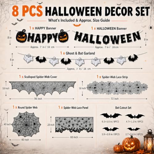 8Pack Halloween Decorations Indoor Halloween Decor, Spider Web Table Cloth/Black Lace Table Runner, Fireplace Mantel Scarf, Cobweb Lampshade with 3D Bat Wall Stickers, Halloween Spooky Home Decor.