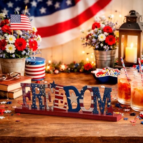 Cinnvoice Memorial Day Table Decoration Patriotic 4th of July Centerpiece Farmhouse Metal Freedom Star Red White and Blue Letter Tiered Tray Decorations with Wooden Base for Holiday Kitchen Home