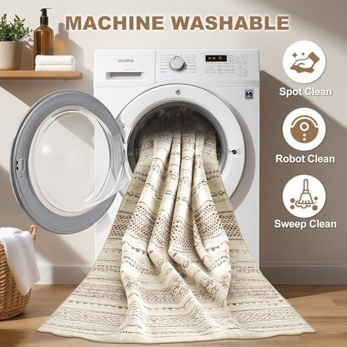 Nakagishi Round Rug Boho Area Rugs: 4x4 Washable Large Circle Neutral Soft Stain Resistant Non-Slip Carpet for Women