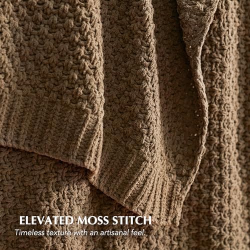 EVERGRACEHOME Chunky Chenille Knit Throw Blanket, 90 x 90, Camel Brown