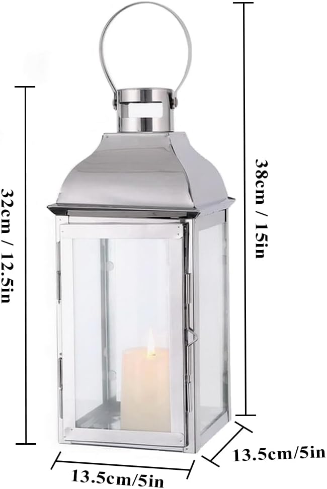 JHY DESIGN Silver Decorative Lanterns 12.5''High Stainless Steel Candle Lanterns with Tempered Glass for Indoor Outdoor
