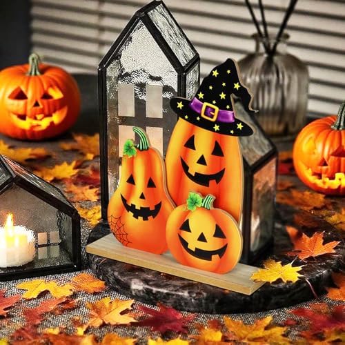 Halloween Decorations Indoor Wooden Pumpkin Halloween Decor Pumpkin Table Sign Centerpieces Standing Tabletop Decoration for Holiday Desk Tiered Tray Party Shelf Fall Autumn Decorations Farmhouse Home