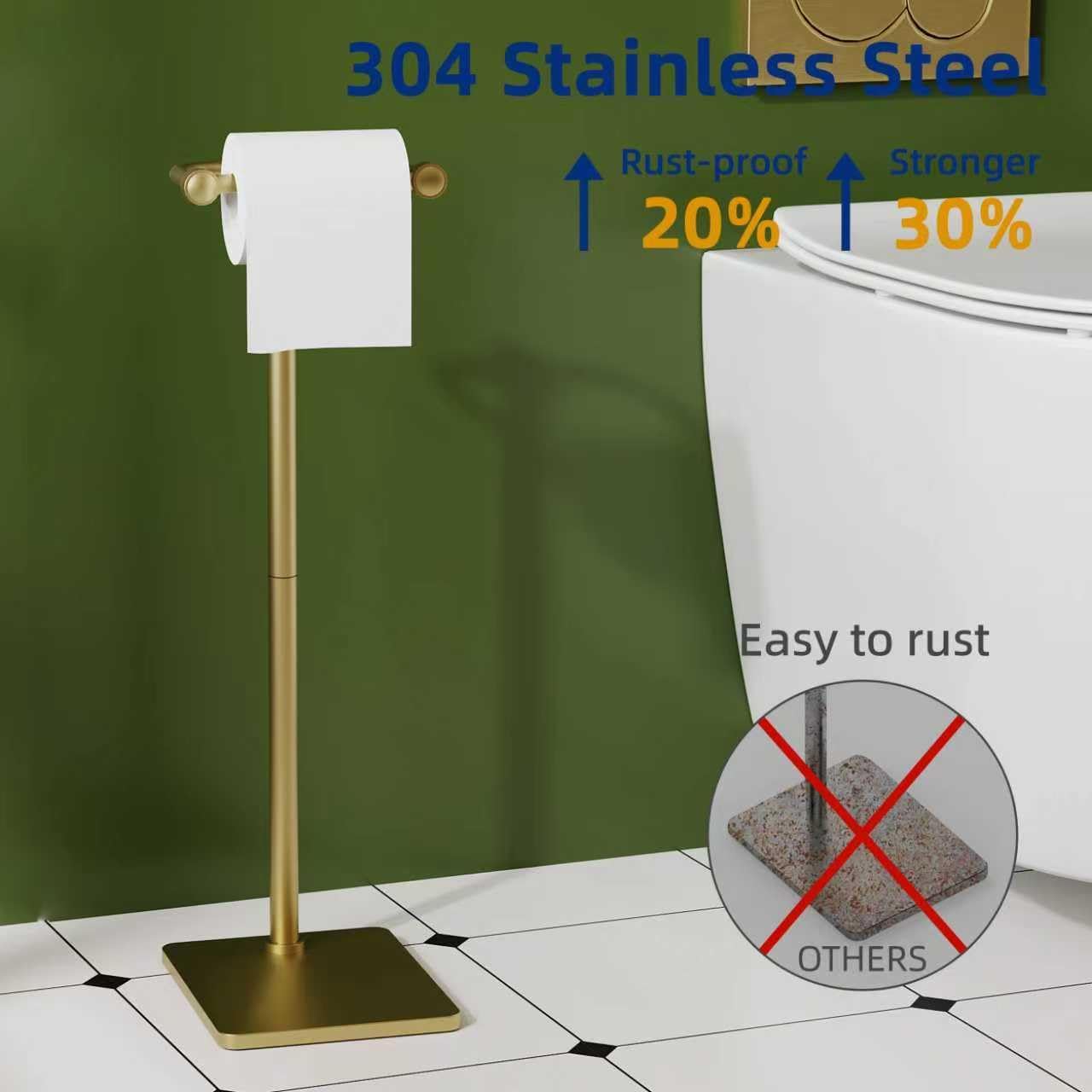 RUACQ Bathroom Toilet Paper Holder Stand, Brushed Gold | Dual-Post Pivoting Free Standing Toilet Roll Holder with