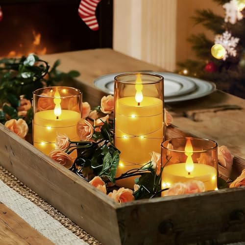 Homemory Flickering Flameless Candles, Gold LED Pillar Candles with Remote