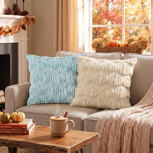 AVOIN colorlife Blue Beige Fall Pumpkin Throw Pillow Covers 18x18 Inch