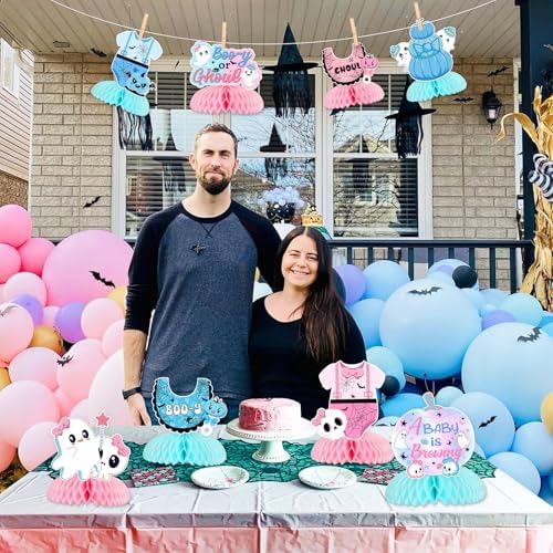 Halloween Gender Reveal Decorations 8pcs Halloween Gender Reveal Honeycomb Centerpiece A Baby is Brewing Table Decoration Topper Halloween Boo-y or Ghoul Baby Shower Decorations